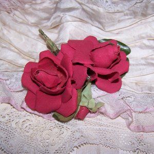 Corsage Spray of Fabric Flowers - Red Roses  and Bud | Millinery Hat Decoration
